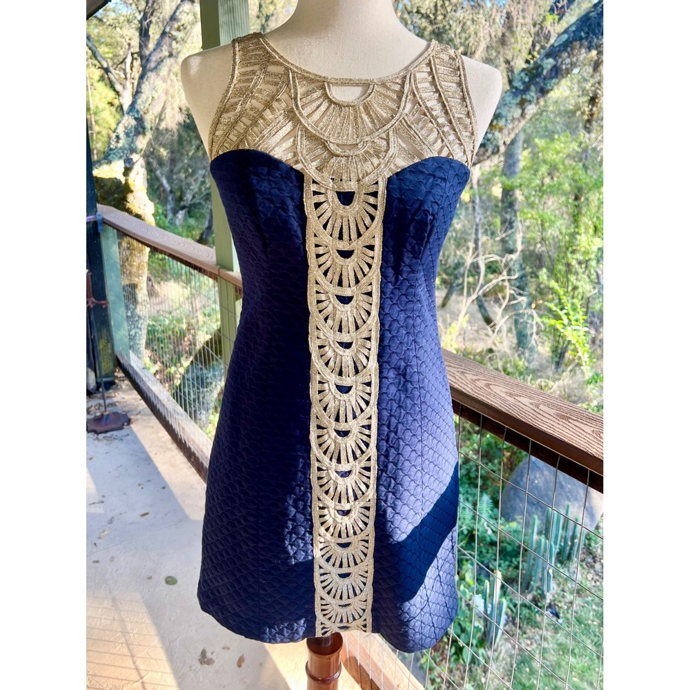 Lilly Pulitzer Navy Blue Gold Soutache Metallic Jacquard Shift Dress Size 0
